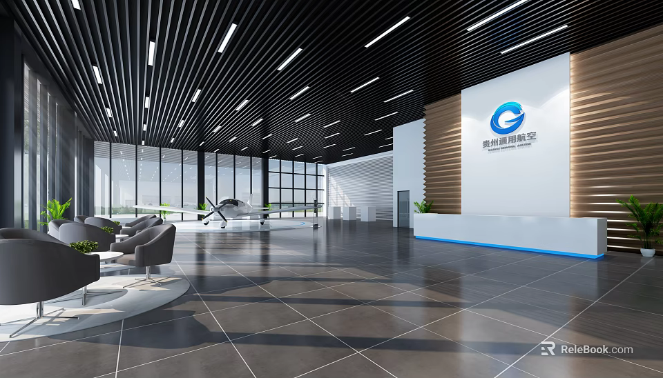 Modern Exhibition Hall Interior With Spacious Space Reception Desk And Sofa Seating 3d model 