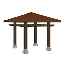 Outdoor Garden Landscape With Wooden Pavilion Brown Roof And White Column Bases