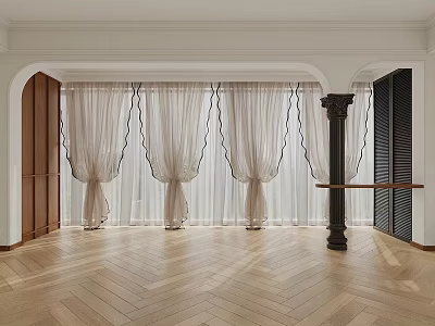 Elegant White Curtains In Interior Space With Wooden Herringbone Floor And Arch Design 3d model