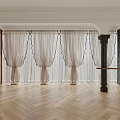 Elegant White Curtains In Interior Space With Wooden Herringbone Floor And Arch Design