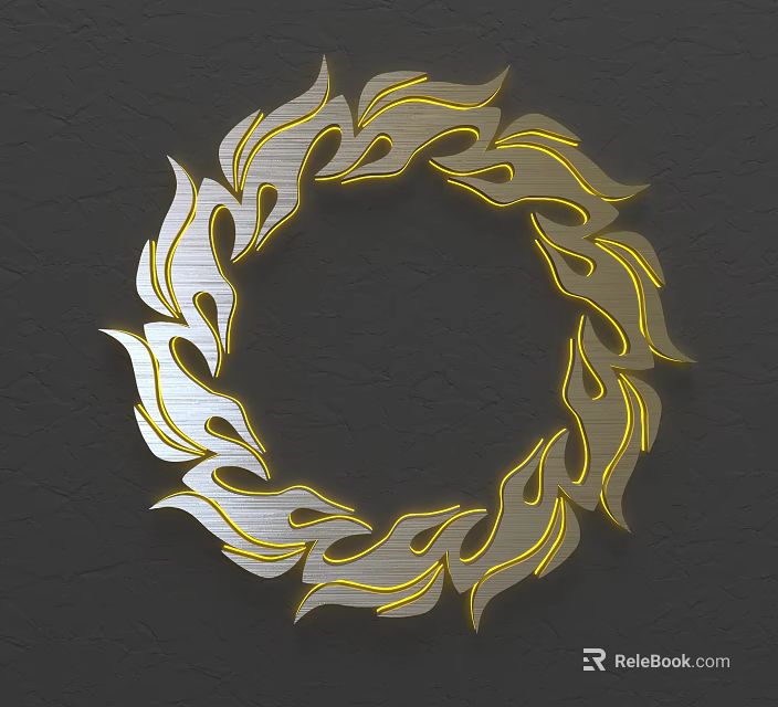Circular Metallic Wall Decor with Flame Shaped Gold and Silver Design on Dark Background 3d model 