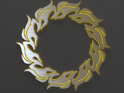 Circular Metallic Wall Decor with Flame Shaped Gold and Silver Design on Dark Background 3d model