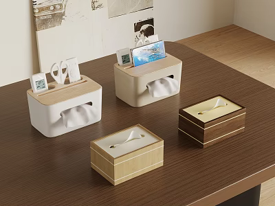 Stylish Decorative Tissue Boxes With Different Materials On Wooden Tabletop For Home Storage 3d model