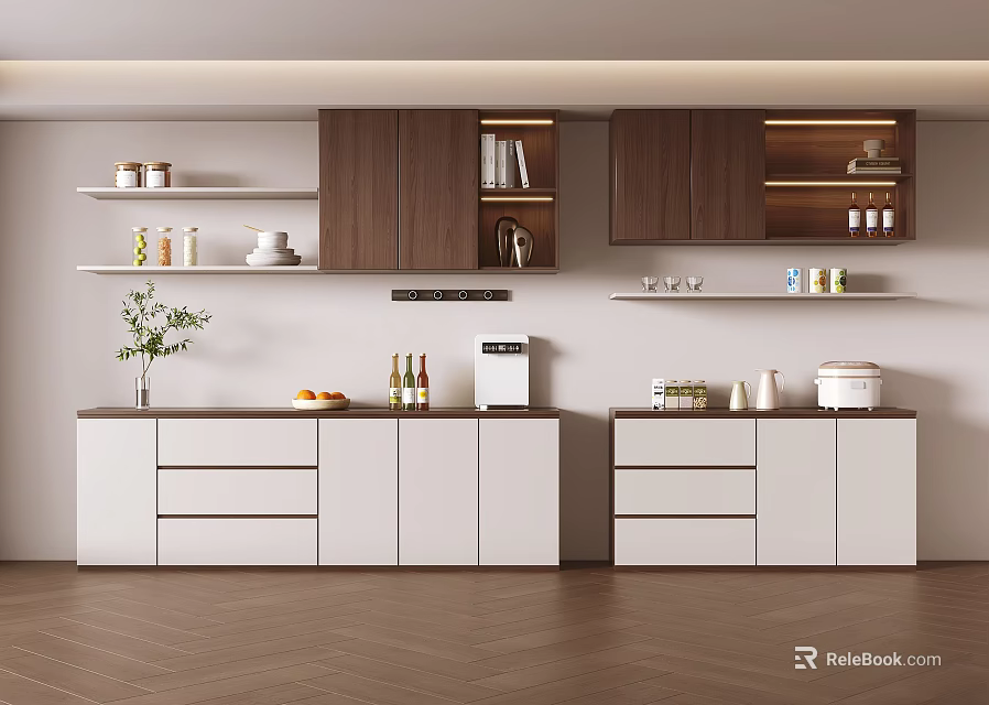 Modern Kitchen Sideboard With White And Dark Brown Cabinets Shelves And Decorative Items 3d model 