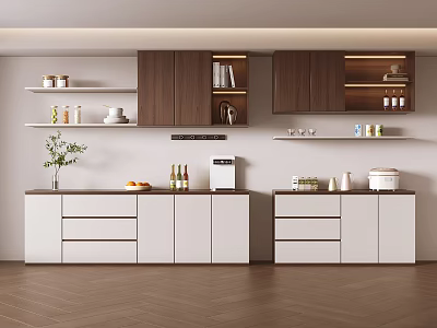Modern Kitchen Sideboard With White And Dark Brown Cabinets Shelves And Decorative Items 3d model