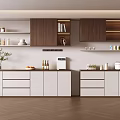 Modern Kitchen Sideboard With White And Dark Brown Cabinets Shelves And Decorative Items