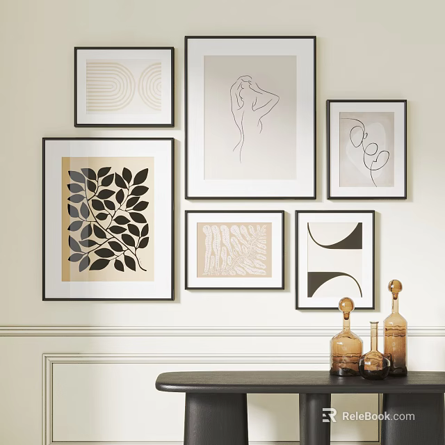 Stylish Wall Decor With Various Framed Artworks And Decorative Glass Bottles 3d model 