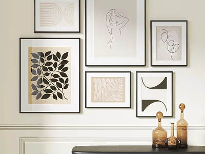 Stylish Wall Decor With Various Framed Artworks And Decorative Glass Bottles 3d model