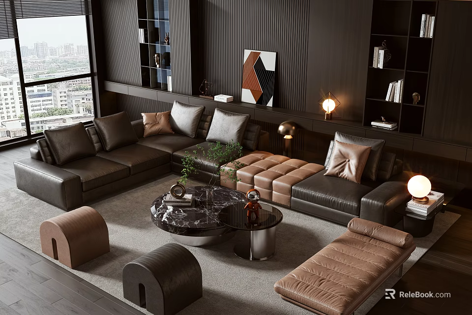 Modern Leather Sofa And Marble Coffee Table Set With Pillows Ottoman And City View 3d model 