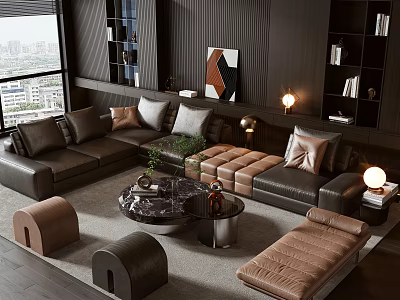 Modern Leather Sofa And Marble Coffee Table Set With Pillows Ottoman And City View 3d model