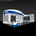 POTEVIO Modern Exhibition Booth With Blue White Design Display Screens And Seating Area