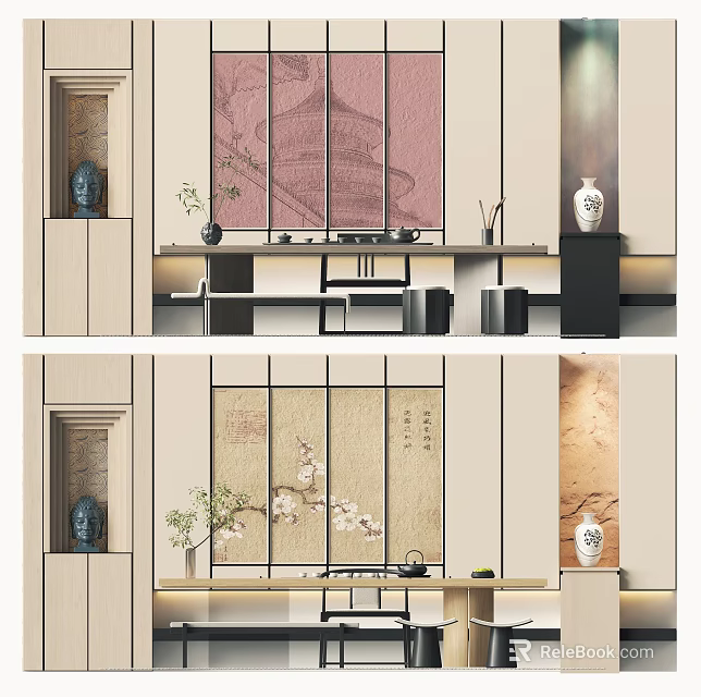 Traditional Tea Room Interior With Wooden Tea Table And Decorative Screen 3d model 