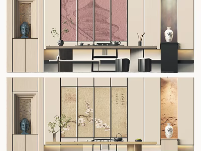 Traditional Tea Room Interior With Wooden Tea Table And Decorative Screen 3d model