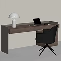 Modern Minimalist Wooden Desk With White Lamp Laptop And Dark Chair