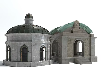 Round Stone Architectural Structures With Domed Green Roof Archway Windows And Steps 3d model