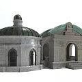 Round Stone Architectural Structures With Domed Green Roof Archway Windows And Steps