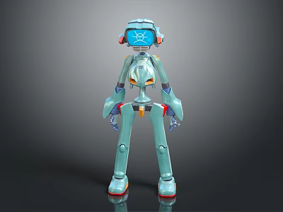 Light Blue 3D Sci Fi Robot Character With Blue Screen Headphones Red Yellow Details 3d model