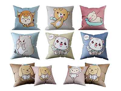 Soft Adorable Cartoon Animal Pattern Pillows in Various Colors for Home Decor 3d model