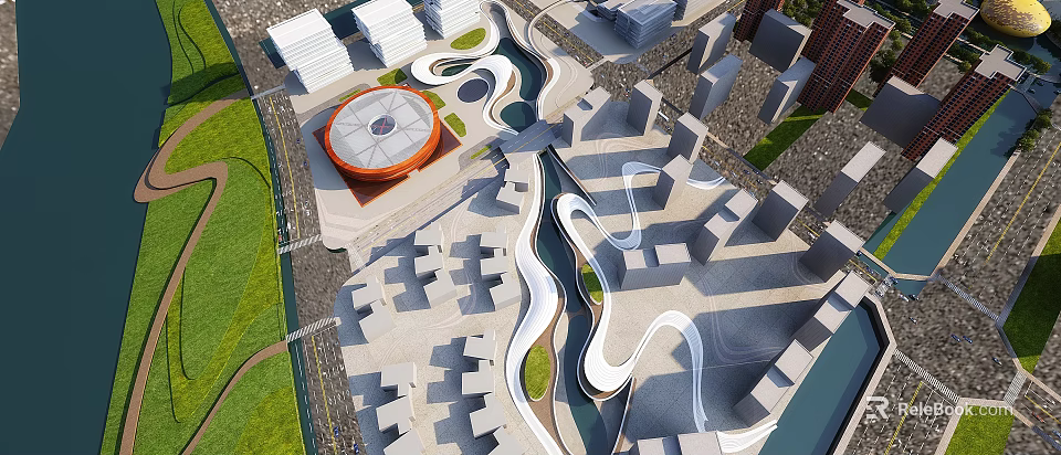 Modern Office Building Complex With Curved Pathways Green Lawns And Circular Orange Structure 3d model