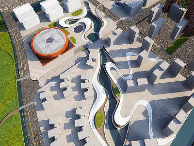 Modern Office Building Complex With Curved Pathways Green Lawns And Circular Orange Structure 3d model