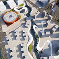 Modern Office Building Complex With Curved Pathways Green Lawns And Circular Orange Structure 3d model
