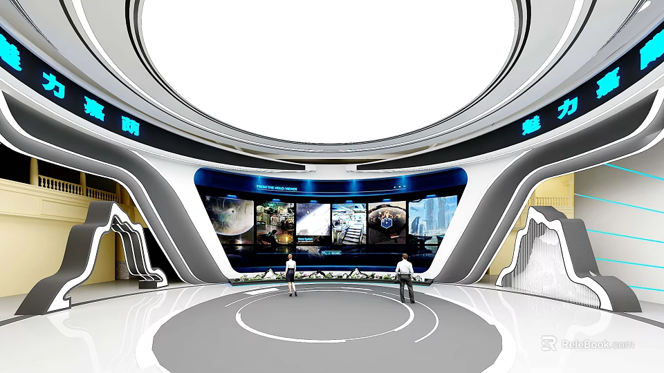 Modern Hi tech Exhibition Hall with Circular Design and Large Screens Featuring Two People 3d model 