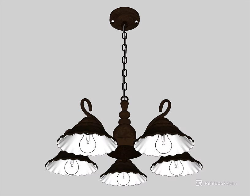 Vintage Chandelier Light Fixture Combination with Brown Frame and White Glass Shades 3d model 