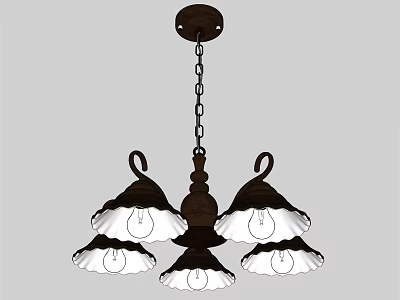 Vintage Chandelier Light Fixture Combination with Brown Frame and White Glass Shades 3d model