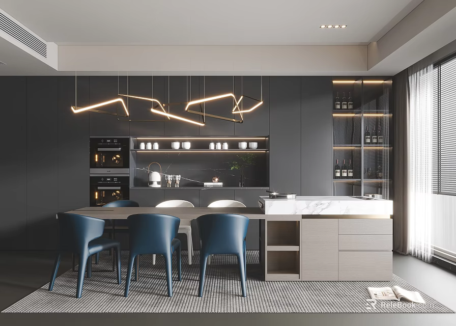 Modern Restaurant Interior With Marble Island Counter Blue Chairs Wine Racks And Hanging Lights 3d model 