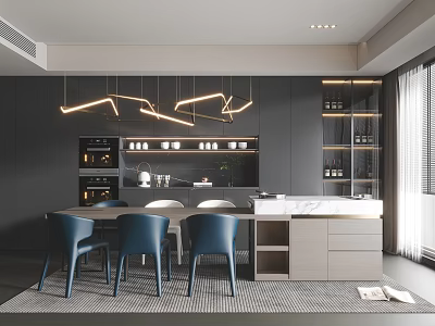 Modern Restaurant Interior With Marble Island Counter Blue Chairs Wine Racks And Hanging Lights 3d model