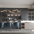 Modern Restaurant Interior With Marble Island Counter Blue Chairs Wine Racks And Hanging Lights