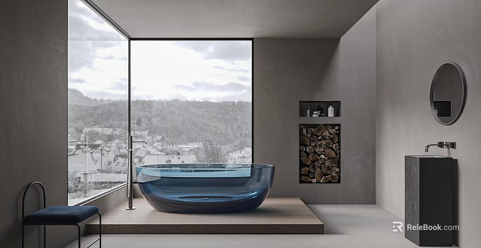 Modern Bathroom With Blue Bathtub On Wooden Platform Scenic Window 3d model 