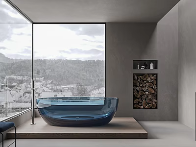 Modern Bathroom With Blue Bathtub On Wooden Platform Scenic Window 3d model