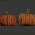 Two Fresh Orange Pumpkins With Green Stems On Black Background And Reflection