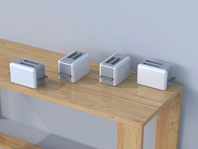 Four White Toasters Placed on Wooden Table as Modern Kitchen Appliances 3d model