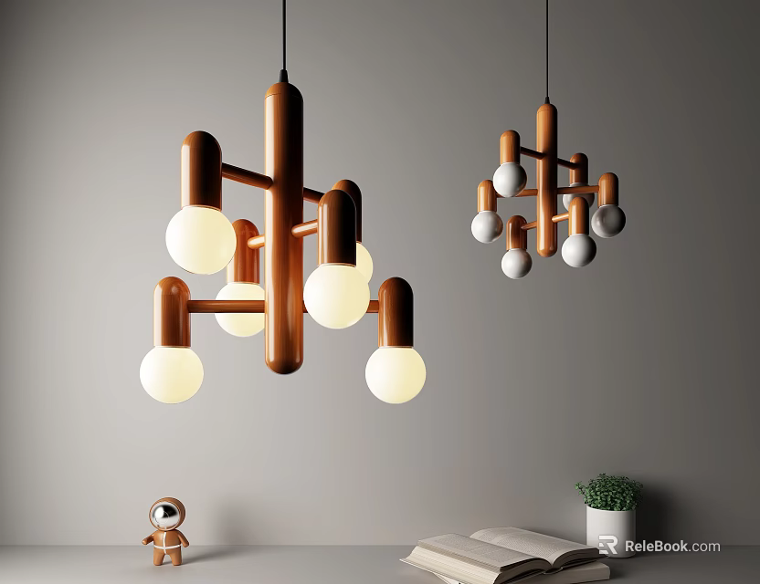 Modern Wooden Chandeliers With White Bulbs Decor Open Book Green Plant Light Wall Background 3d model 