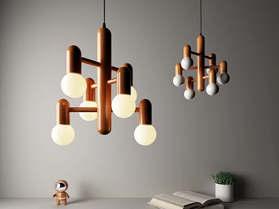 Modern Wooden Chandeliers With White Bulbs Decor Open Book Green Plant Light Wall Background 3d model