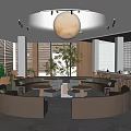 Cozy Modern Café Interior Design With Comfortable Seating Round Pendant Light And Green Plants