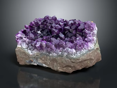 Purple Amethyst Cluster With Sparkling Crystals And Natural Stone Base 3d model