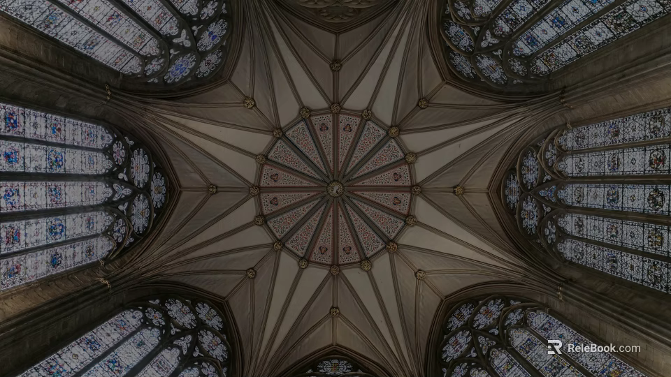 European Architecture Dome Ceiling With Ribbed Vaults Stained Glass Windows And Central Pattern 3d model 