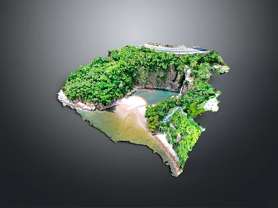 Lush Green Natural Landscape With Central Blue Water Body And Sandy Shore Areas 3d model