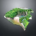 Lush Green Natural Landscape With Central Blue Water Body And Sandy Shore Areas