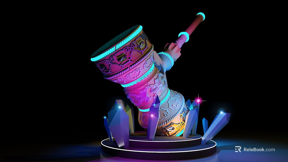 Illuminated Hammer With Intricate Patterns And Glowing Purple Crystals On Circular Base 3d model 