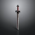 Medieval Sword With Red Hilt And Decorative Metal Blade On Dark Background