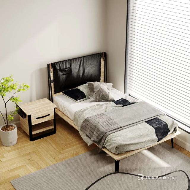 Modern Single Bed In Bright Room With Nightstand And Potted Plant 3d model 