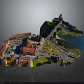 3D Urban City Model With Red Roof Buildings River Bridge And Dome Tower