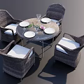 Wicker Table And Chair Set With Round Table Four Chairs White Cushions And Dinnerware 3d model
