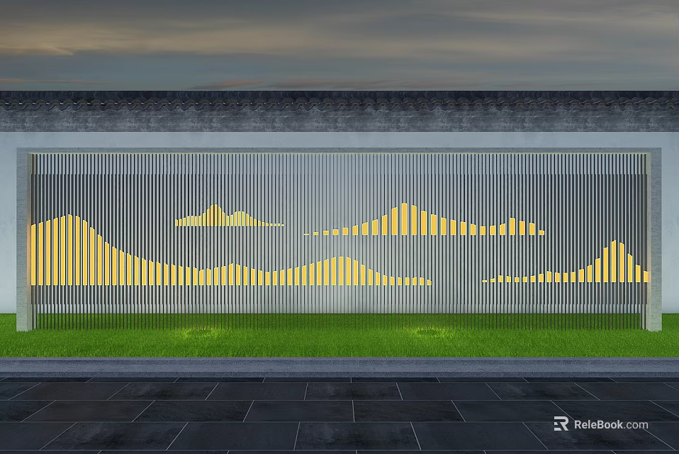 Modern Garden Landscape Design With Gray Wall Yellow Mountain Patterns Green Lawn And Stone Pavement 3d model 