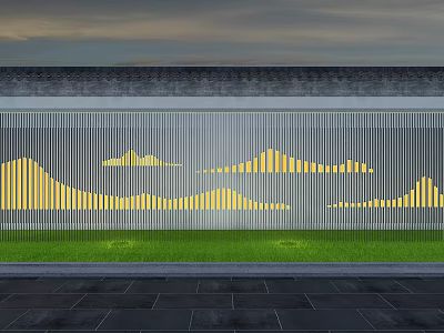 Modern Garden Landscape Design With Gray Wall Yellow Mountain Patterns Green Lawn And Stone Pavement 3d model