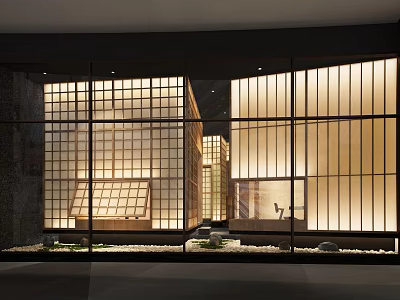 Modern Restaurant Interior Design With Glass Walls Wooden Grilles And Warm Lighting 3d model